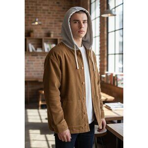 NEW WHO.A.U Corduroy Hooded Jacket Mens L Brown Button Front Casual Workwear